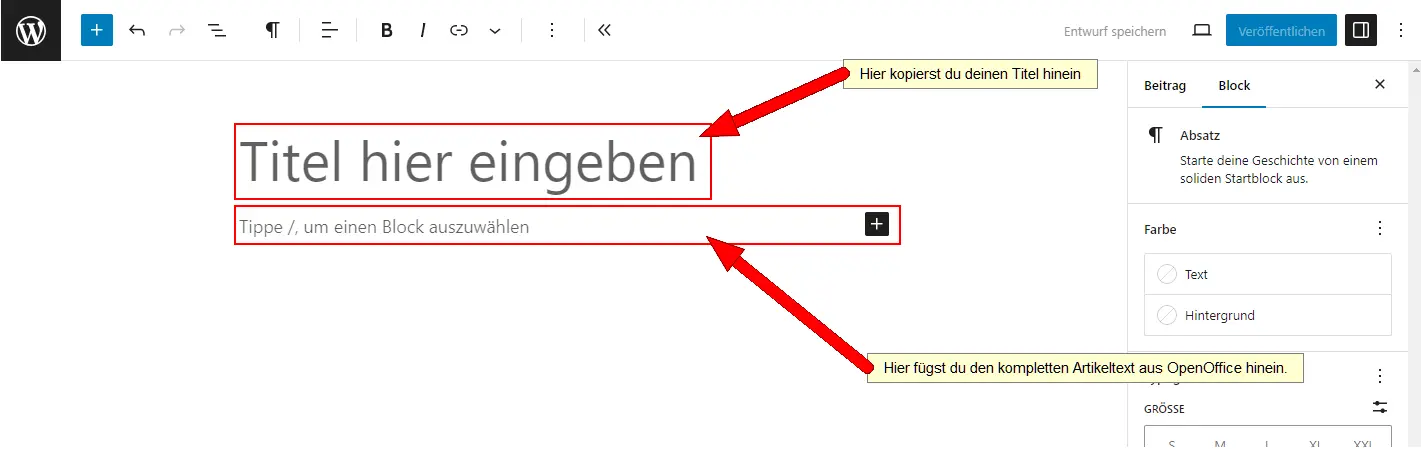 Der Gutenberg Editor beim ersten öffnen