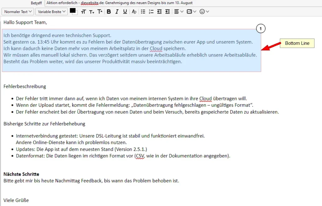 Die Bottom Line ist der erste Teil einer BLUF E-Mail